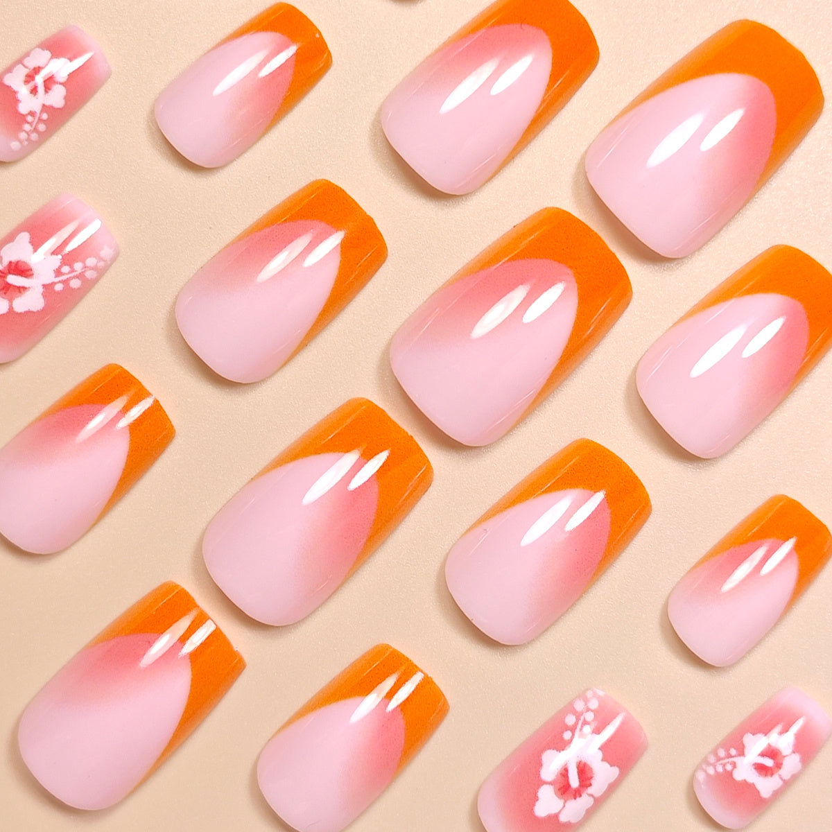 Enhance Your Beauty 24pcs Medium Square Classic Elegant Pumpkin Orange French-Style White Flower Stripe Dot Pink Gradient Ombre Glossy French-Style Fake Nails Fashion Versatile Press-On Nails for Spring Summer Women and Autum