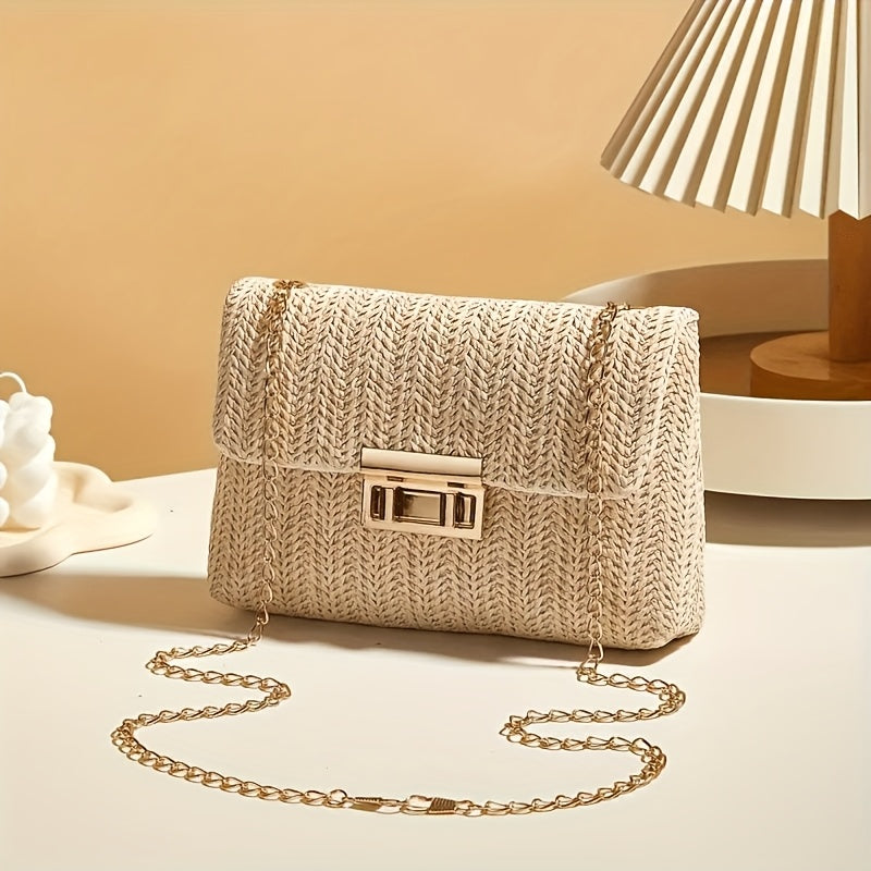 [Perfect Gift for Her] Women's Elegant Woven Straw Shoulder Bag with Golden Chain Strap, Detachable Crossbody Style, Polyester Lining - Perfect Gift for Her, Khaki/Cream Color | Clasp Closure Purse | Polyester Lining, Ladies