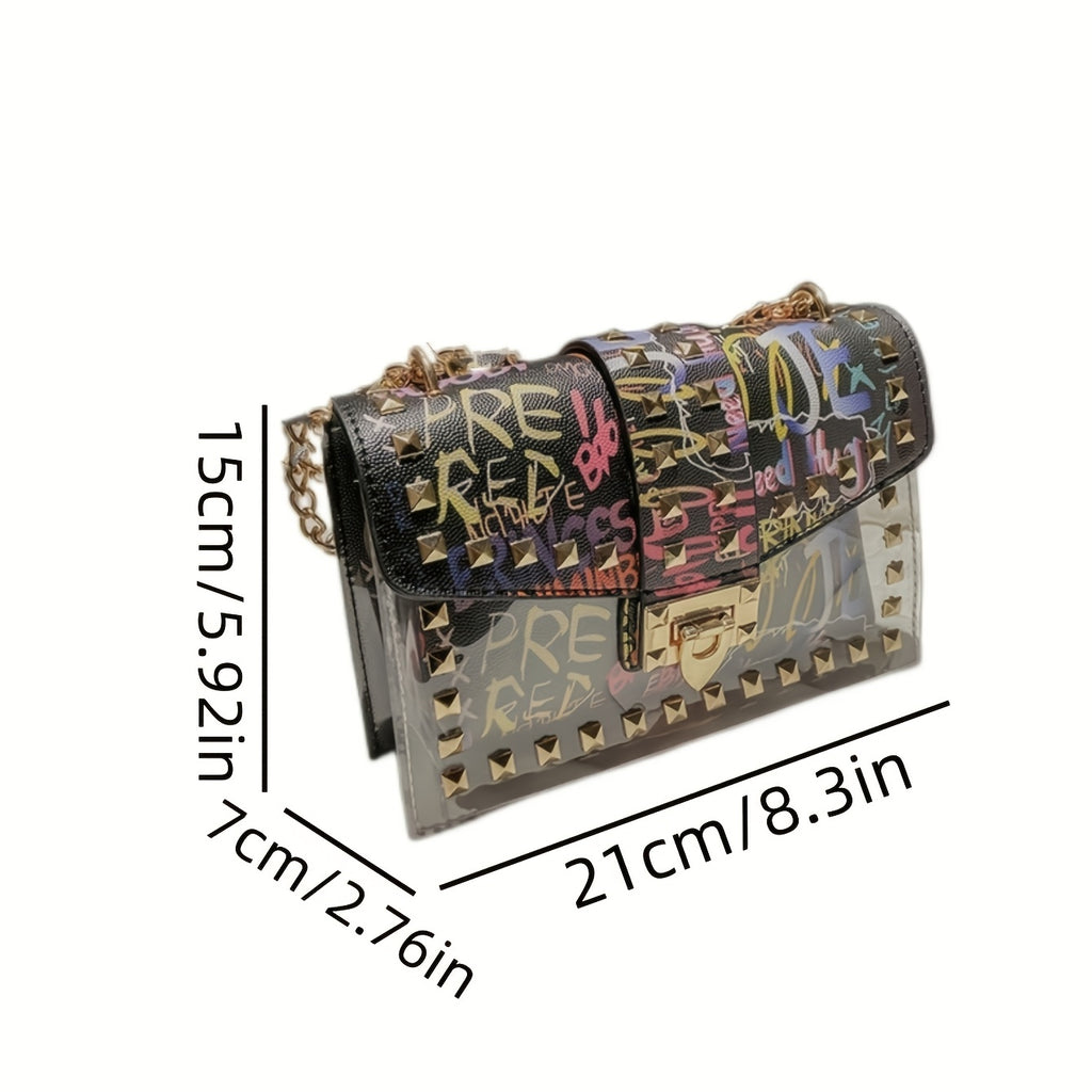 Chic Graffiti-Style Crossbody Bag, Mixed Color Transparent Shoulder Purse with Golden-Tone Hardware, Fashionable and Versatile, Secure Zip Closure, Casual Accessory|Graffiti Artistry|Goldtone Chain, Small Crossbody Bag