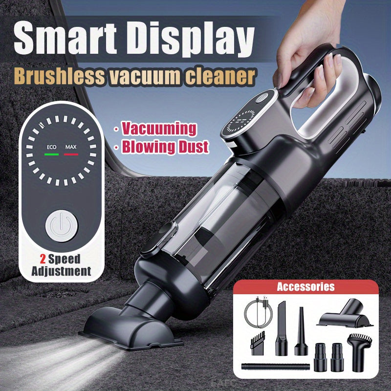 [2-in-1 Car Vacuum Cleaner] 2-in-1 Portable Wireless Brushless Car Vacuum Cleaner | Handheld Cordless Vacuum & Air Duster with LED Light, Multi-Nozzles for Car, Home, Office, Pet Hair | 15KPa Suction Power, 0.3H Runtime, USB
