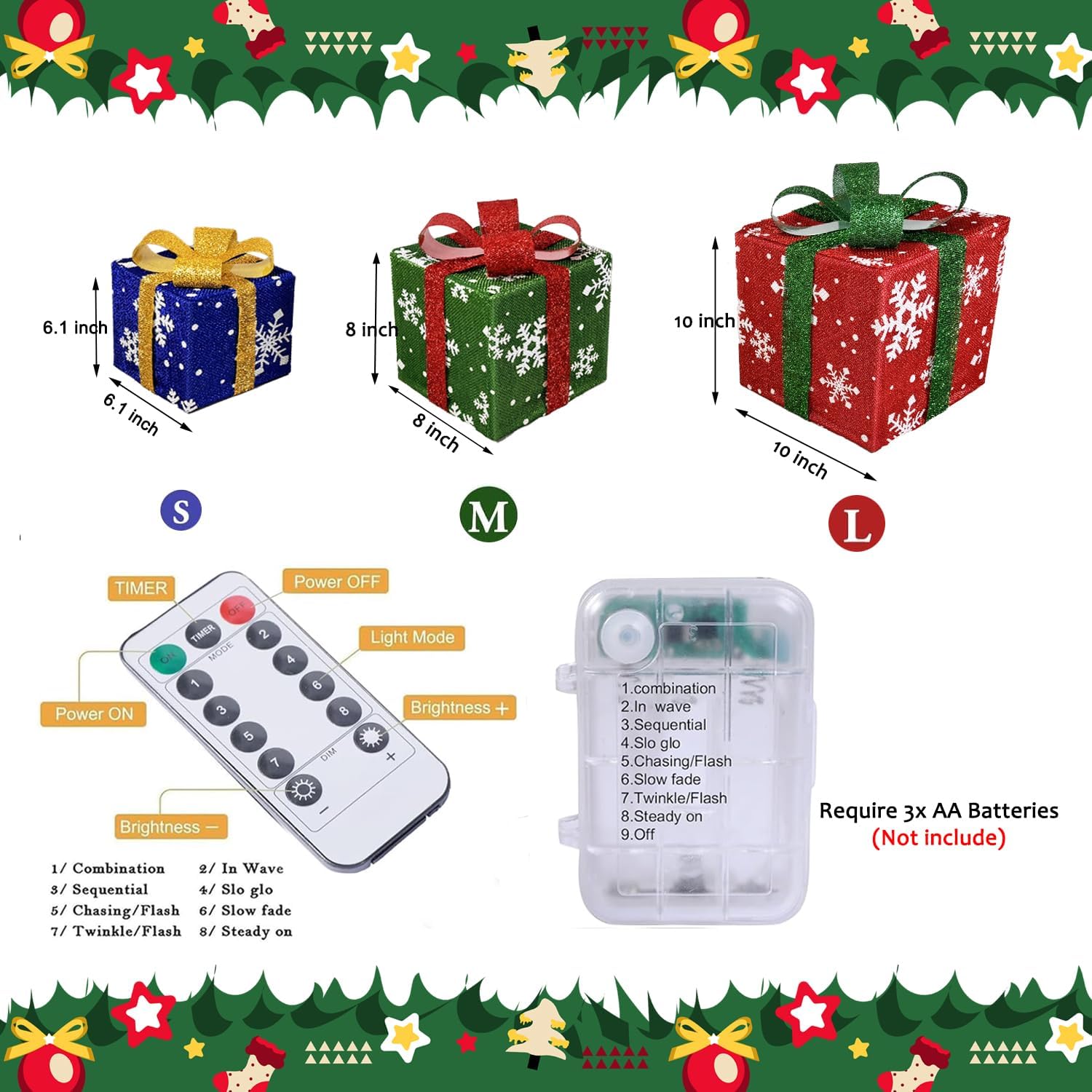 3pcs Lighted Christmas Gift Box Set with Warm LED Lights & Snowy Ribbon Bows - Battery-Powered Indoor/Outdoor Plastic Decorations with Stake Installation, Classic Winter Design for Xmas Tree, Yard, Home - Cordless Holiday Dec