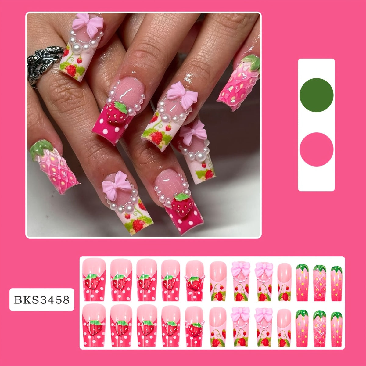 [French Bow Strawberry Nails] 24pcs French Bow Strawberry 3D Square Press-On Nails with Jelly Glue File