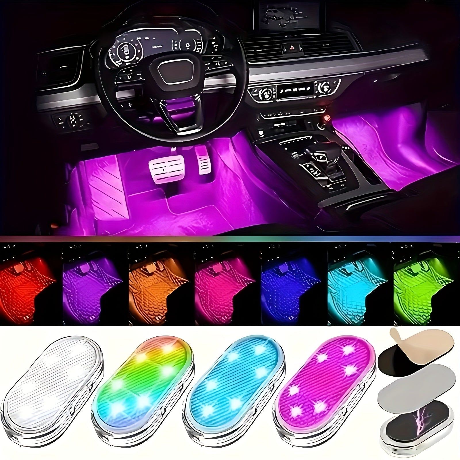 [RGB Car Light] Wireless RGB Car Interior Ambient Lighting Kit | Colorful Decorative Lights, USB Rechargeable, Easy to Install | Perfect for Car and Home Use