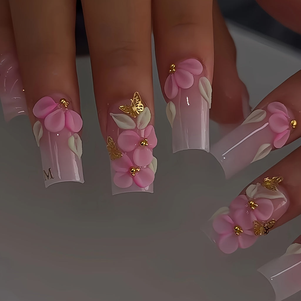 24pcs set of medium square French-style sweet floral elegant white-pink gradient light luxury 3D Golden butterfly glitter nails, suitable for all women and s. Comes with a nail file and jelly glue in the box for easy applicat