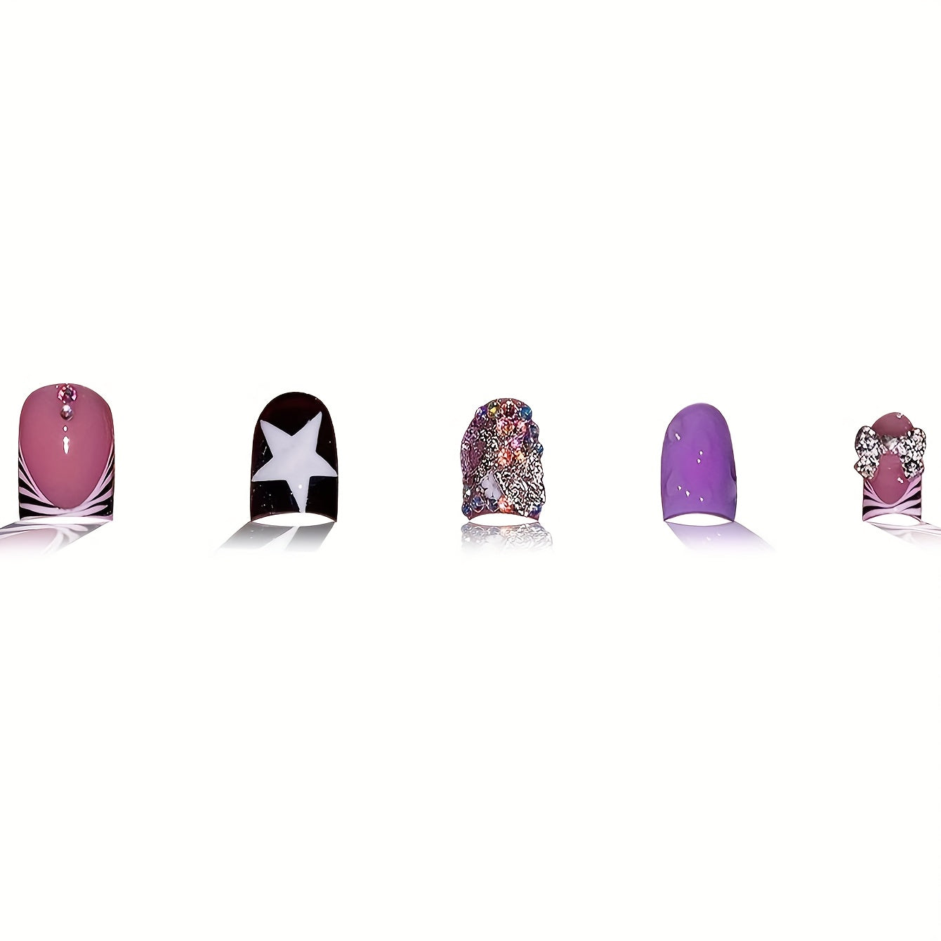 24pcs Y2K Press-On Nails Set, Medium Length Duck Mouth Shape with Mixed Purple Palette, Zebra Stripe & Star Patterns, Rhinestone Accents, Glossy Finish, Includes Nail File & Jelly Glue