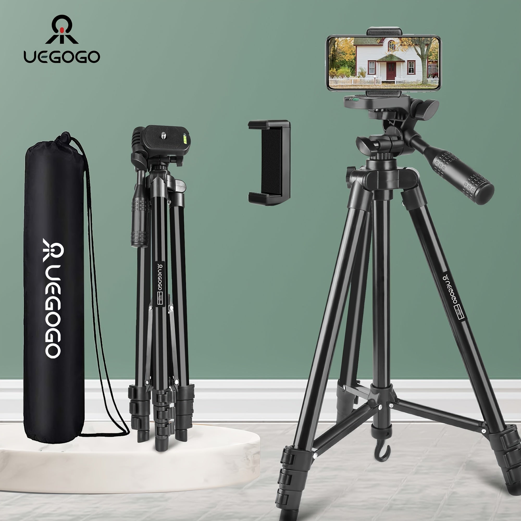 UEGOGO Aluminum Tripod with Gimbal Head, 51" Lightweight, for Cell Phone/Tablet, Ideal for Selfies, Video Recording, Vlogging, Live Streaming, with Carry Bag & Phone Clip, for No Battery Required