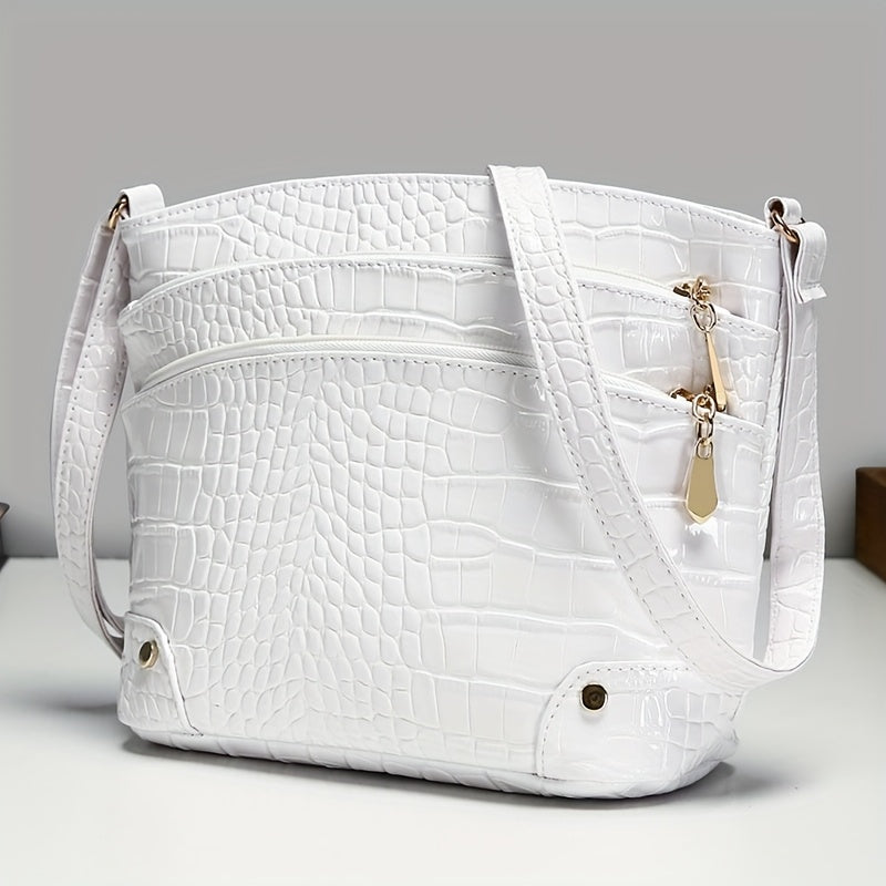 Shiny Crocodile Pattern Women'S Bag, PU Soft Shoulder Bag, Multi-Layer Crossbody Bag, Stylish And Versatile Large Capacity Bucket Bag.