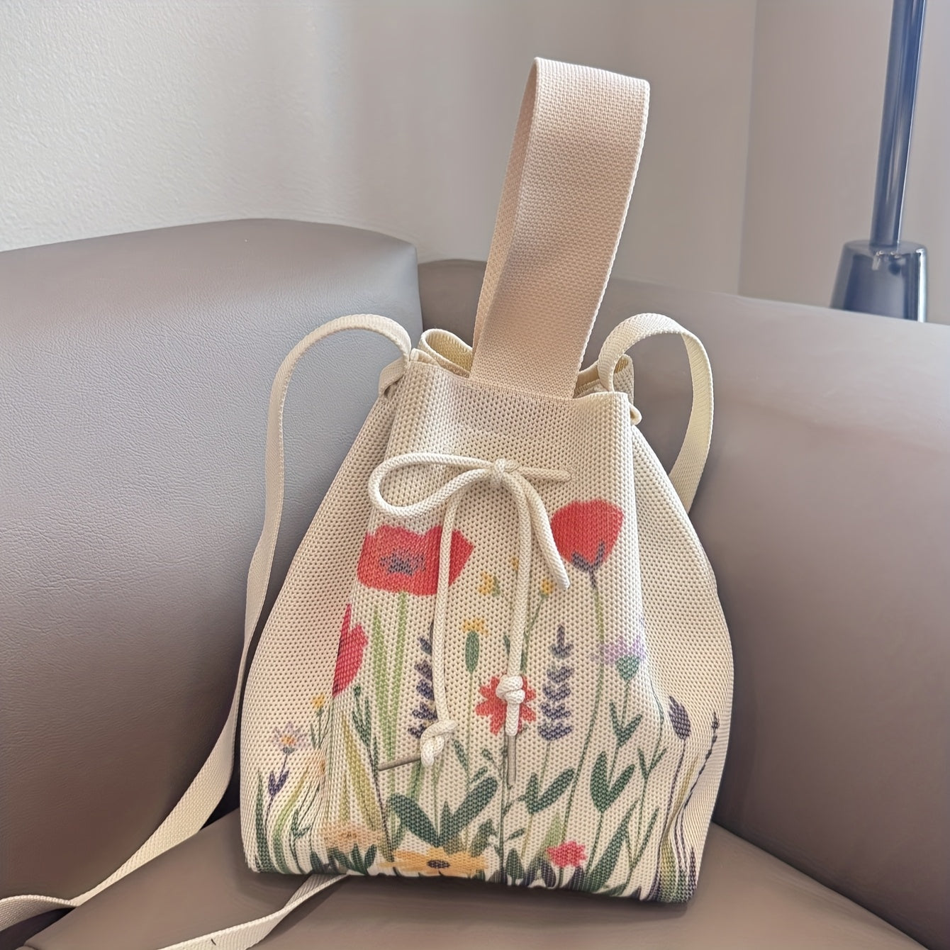 Floral Print Knit Drawstring Bucket Bag – Elegant Polyester Crossbody & Shoulder Bag for Women, Beige with Vibrant Floral Designs, Perfect for Daily Use or Shopping, Versatile Carryall | Lightweight Construction