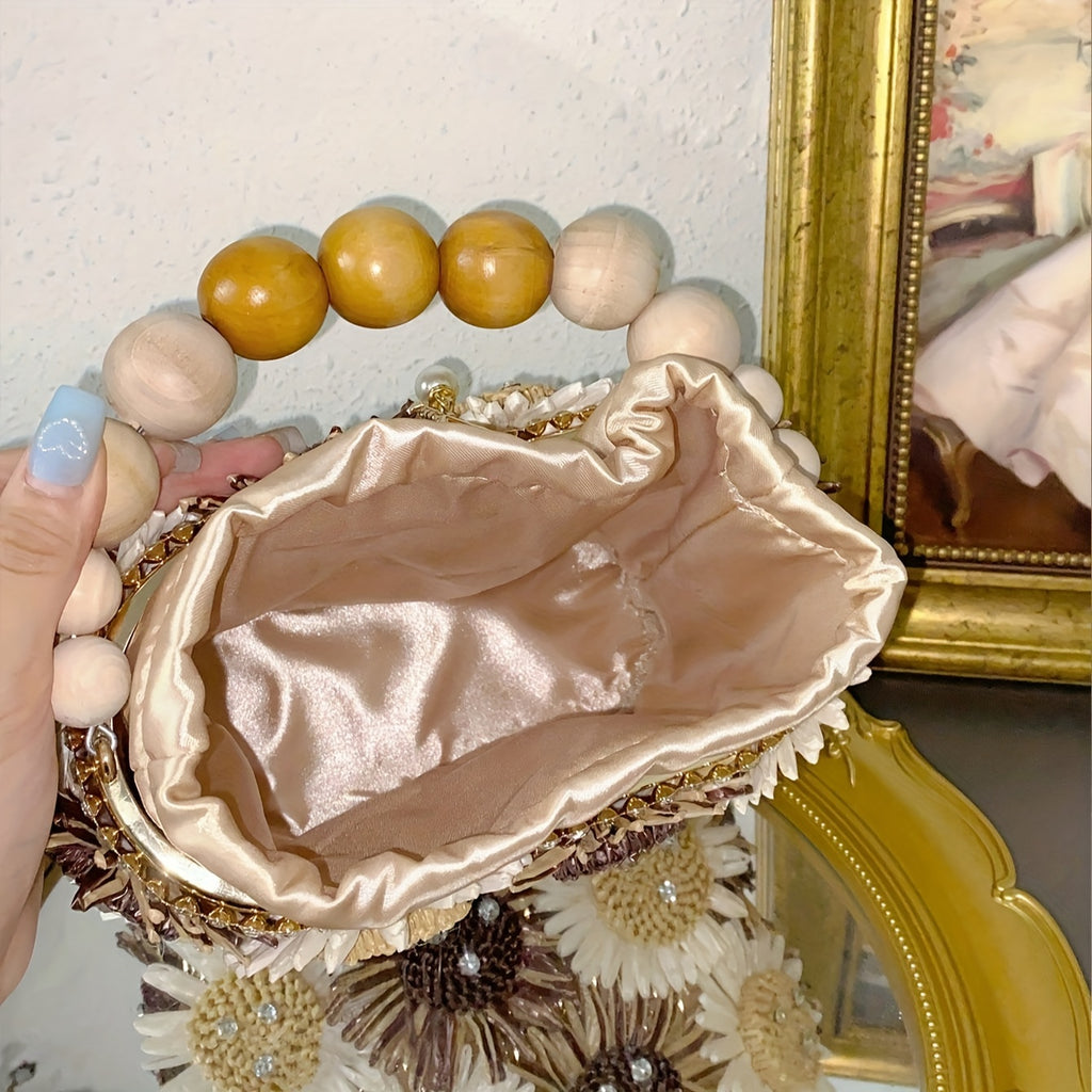 Luxury Evening Bucket Bag for Women | Floral Beaded Design with Rhinestone and Pearl Detailing | Fashion Drawstring Closure Crossbody with Metal and Messenger Accessory | Occasion-Themed with Inner Lining | Non-Washable | Cra