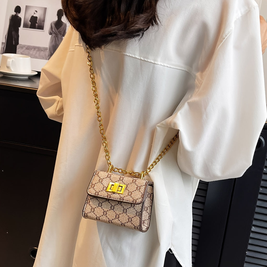 Rubini Handbag with Golden-Tone Turn-Lock Closure - Glossy Golden 'R' Logo & Chain-like Strap, Beige/Golden/Grey Shoulder Bag for Casual & Formal Events, Elegant Golden-Tone Hardware Purse (No Maintenance Required)