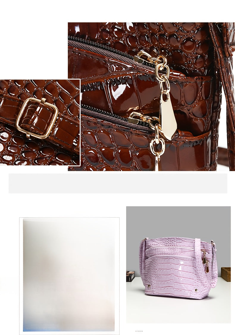 Shiny Crocodile Pattern Women'S Bag, PU Soft Shoulder Bag, Multi-Layer Crossbody Bag, Stylish And Versatile Large Capacity Bucket Bag.