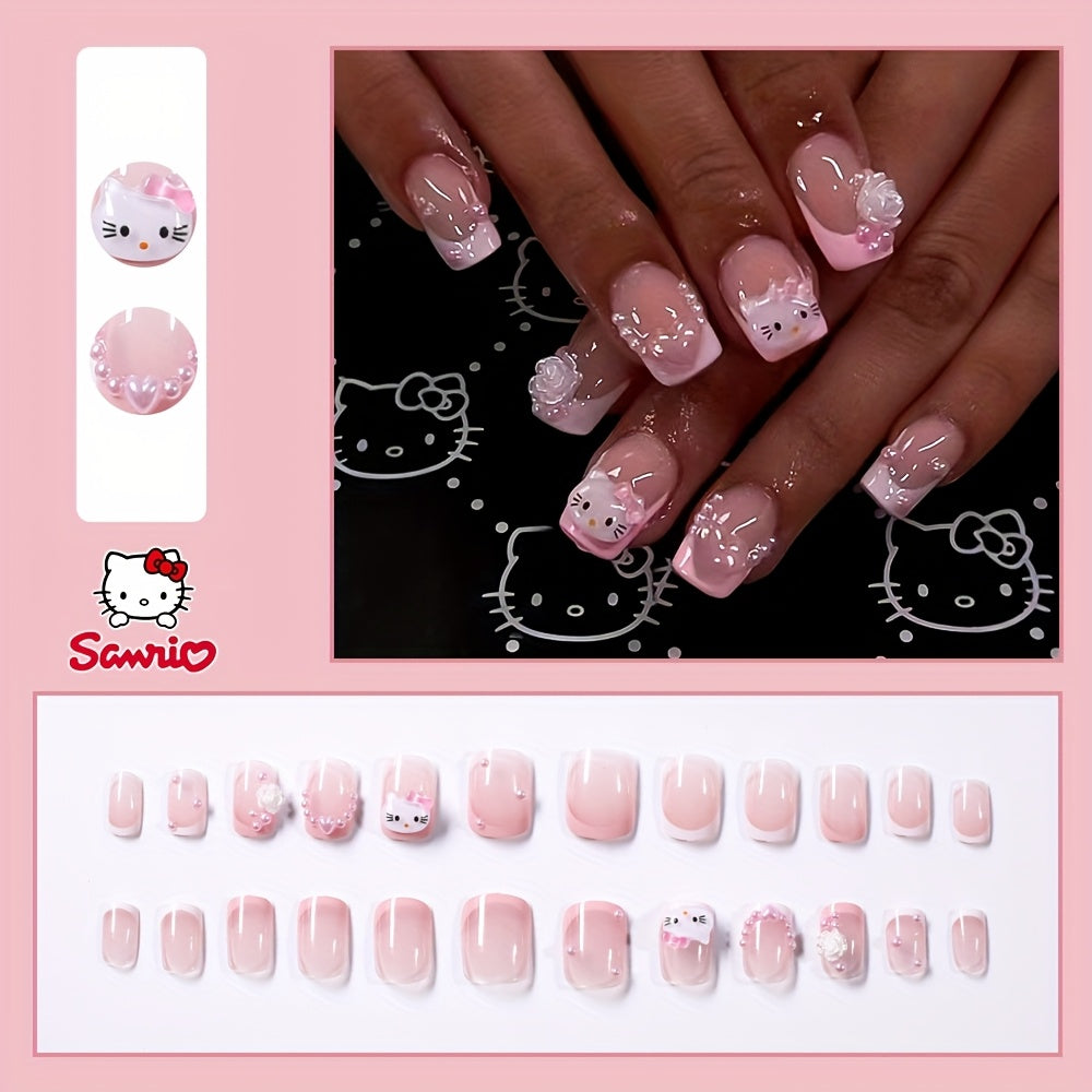 24pcs for hello kitty Nail Stickers - Cute Cartoon Design, Glossy Finish, Removable Press-On Nails for Manicure & Pedicure, Perfect for Hand & Foot Care, Nail Art Supplies | Cartoon Nail Art | Glossy Finish Nails, Nail Decora