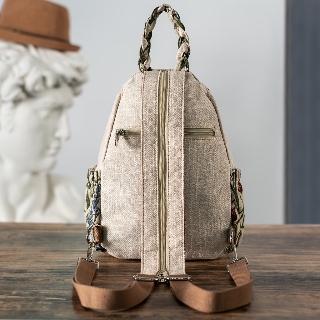 [Handcrafted Detail] Handcrafted Ethnic Style Women's Backpack with Purple Grape and Floral Embroidery, Versatile Dual-Carry Casual Travel Chest Bag, Fabric Material, Zip Closure, Polyester Lining - Ideal for Holidays and Eve