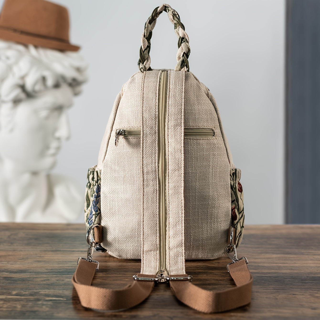 [Handcrafted Detail] Handcrafted Ethnic Style Women's Backpack with Purple Grape and Floral Embroidery, Versatile Dual-Carry Casual Travel Chest Bag, Fabric Material, Zip Closure, Polyester Lining - Ideal for Holidays and Eve