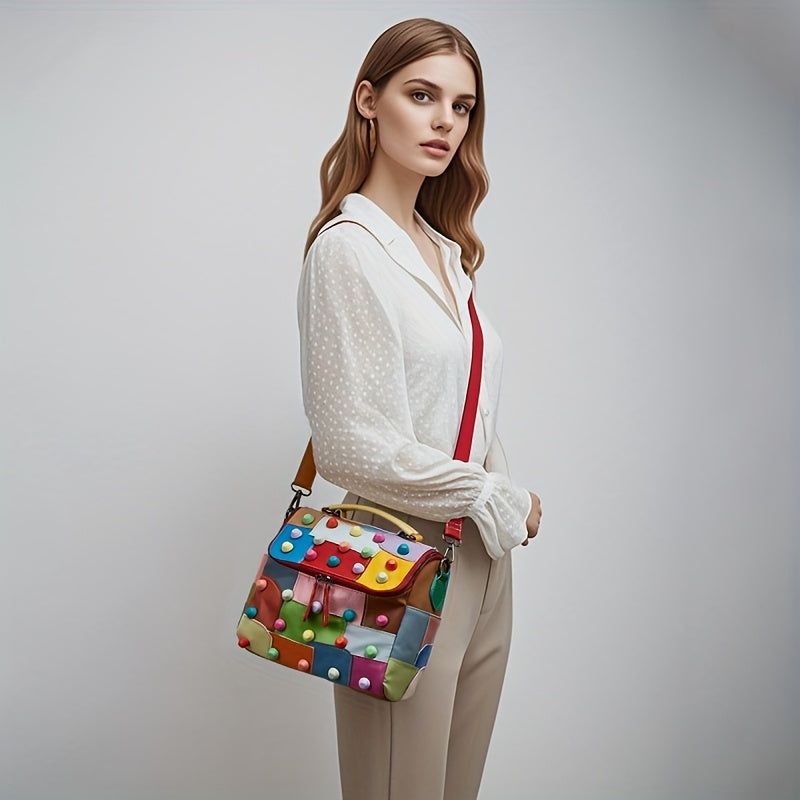 [Geometric Crossbody Bag] Light Brown Geometric Women's Crossbody Bag | Detachable Strap, Multi-Color Irregular Design, Zipper Closure, Spacious Tote with Back Pocket & Rivet Accents, Polyester Lining for Daily Commute & Casu