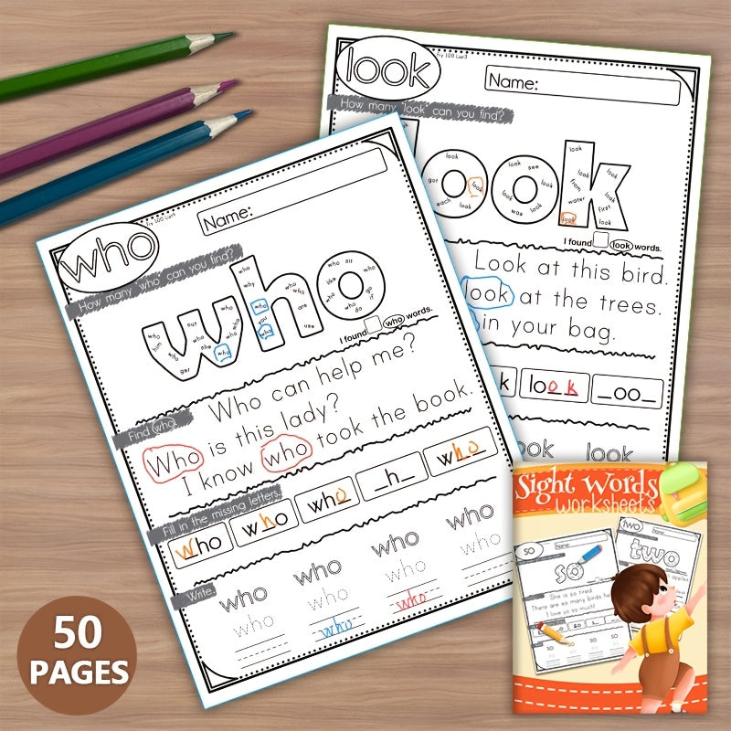 50-Page High-Frequency Kindergarten Sight Words Workbook - Phonics & Spelling Practice, Paper Material, Homeschool & Classroom Handwriting Aids