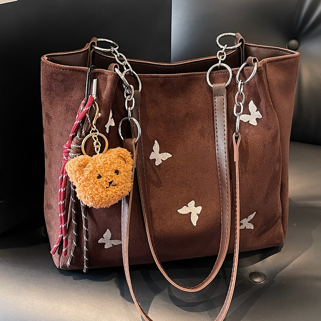Women's Tote Bag 1pc New Fashion Butterfly Embroidery Large Capacity Autumn Winter Tote Bag, Fashionable Shoulder Bag Elegant Commuter Large Capacity Handbag, Suitable for Various Occasions, with Cute Furry Charm