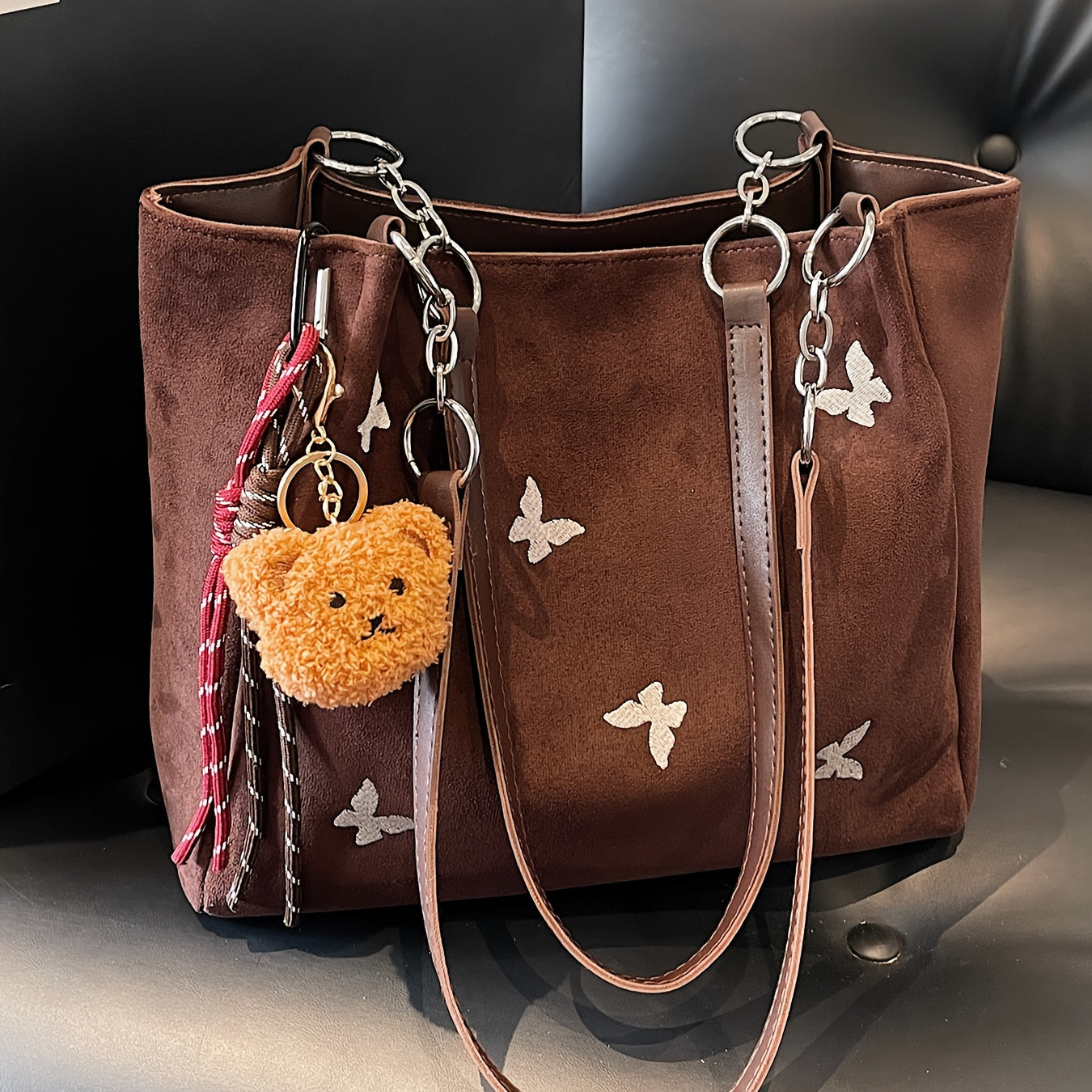 Women's Tote Bag 1pc New Fashion Butterfly Embroidery Large Capacity Autumn Winter Tote Bag, Fashionable Shoulder Bag Elegant Commuter Large Capacity Handbag, Suitable for Various Occasions, with Cute Furry Charm