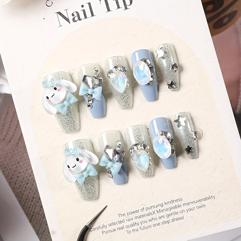 [Playful Nail Design] 24pcs Sanrio Cinnamoroll Press-On Nails | Silvery Glitter, Ballet Style, Full Cover, Glossy Finish, Cartoon Design, Medium Length, ABS Material, Manicure & Pedicure, Nail Art Accessories