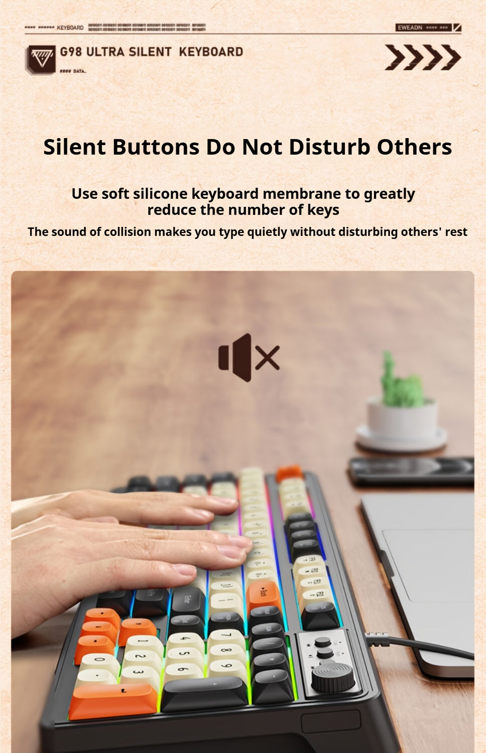 [Wired Gaming Keyboard] EWEADN Wired Gaming Keyboard with Rainbow Backlit, Portable Black Keyboard for Office-98 Keys, Computer External Keyboards Ergonomic Design, with Multimedia Knob, Ball Keycaps, for Gamers and Office, C