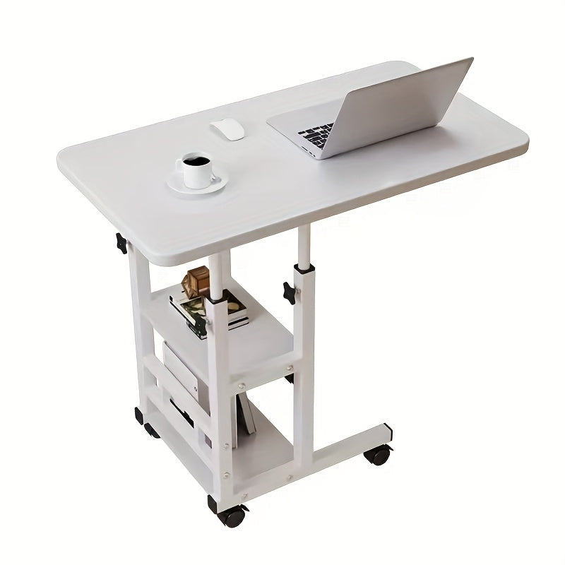 [Mobile Laptop Table] Height-Adjustable Mobile Laptop Table - 4-Wheel Rolling Study/Workstation Desk with Dual Shelves for Bedside/Dorm/Office Use, Sturdy Modern Finish (Space-Saving Design)