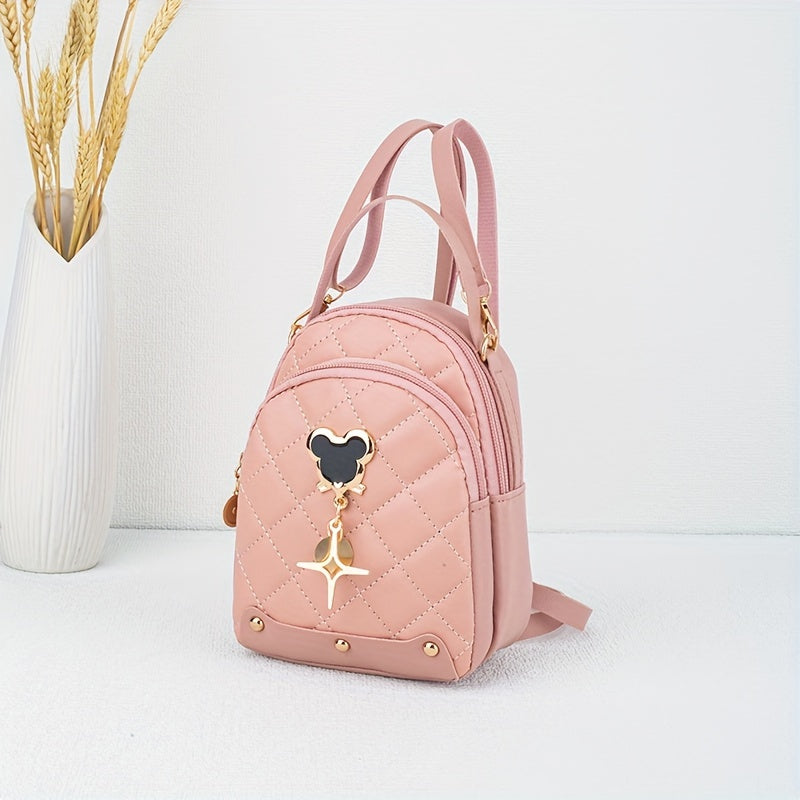 s Rhombus Backpack, Golden-Tone Hardware - Black/Pink/White, Mouse Pad Keychain Lock Compatible, Durable Adjustable Strap & Zipper Closure, Golden-Tone Plaque for Keys, Casual Handbag for Travel, Everyday Use (Poly, for Teena