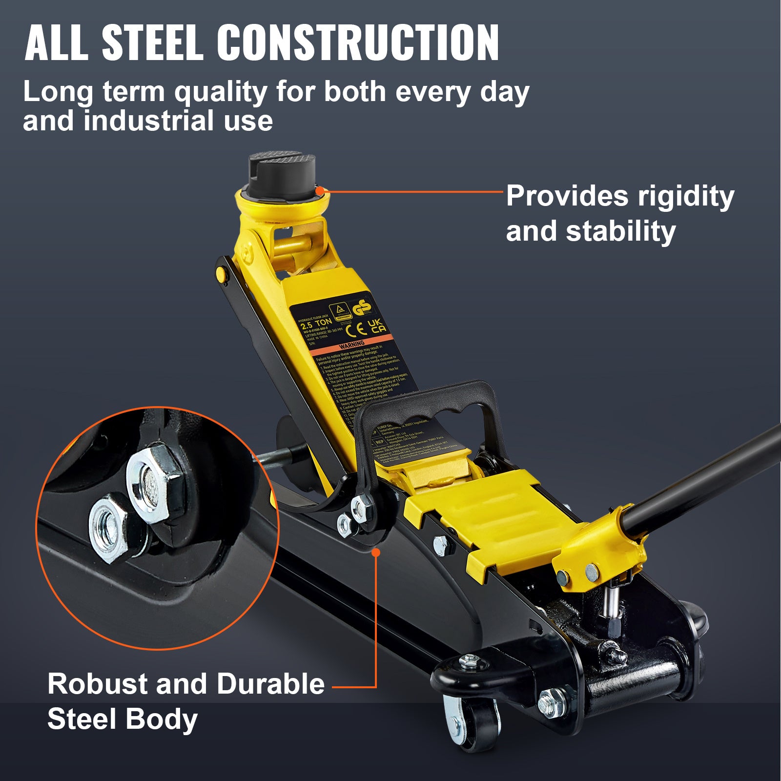 Happybuy 2.5 Ton Compact Steel Sport Elevator, Single Cylinder Ground Lift with Adjustable Handle and Safety Warning Labels - Black & Yellow, 3.35"-14.96" Height Range, Industrial Lifting Equipment|Manual Operation Lift|Iron
