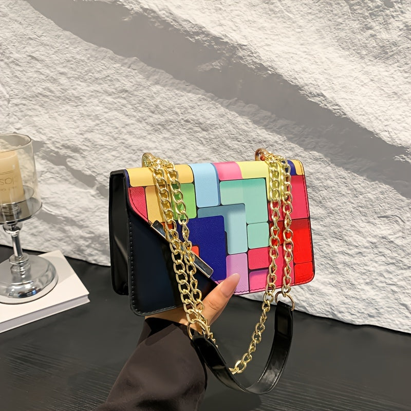 [Lightweight Shoulder Bag] Lightweight Magnetic Closure Color Block Shoulder Bag for Girls | Fashionable Casual Style, Artificial Leather, No Wash, Adjustable Strap, Unlined, Perfect for Outings