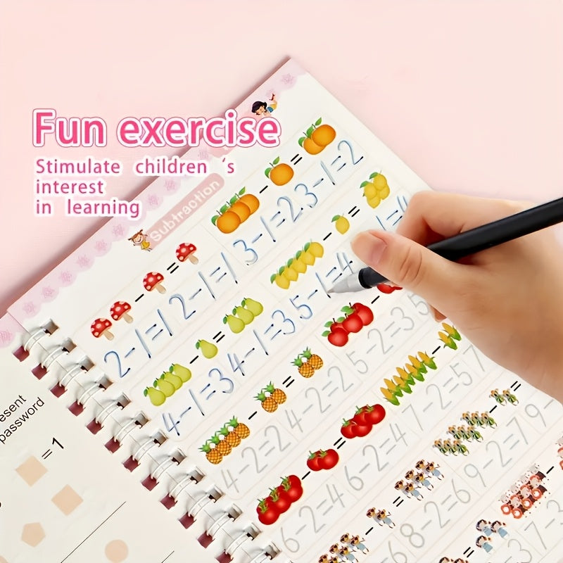 4 Books + 1 Refillable Magic Practice Book + 1 Pen + 5 Pen Refills + Erasable Stickers, Reusable, Mixed Color, Made of Paper, for Writing, Parent-Child Education, Boys and Girls