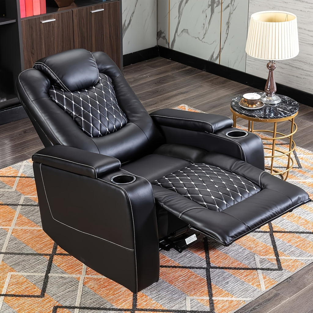 Power Recliner Chair With USB Ports And Cup Holders - Overstuffed Electric Home Theater Seating Faux Leather Reclining Furniture With Hidden Arm Storage, Easy To Clean (Black)
