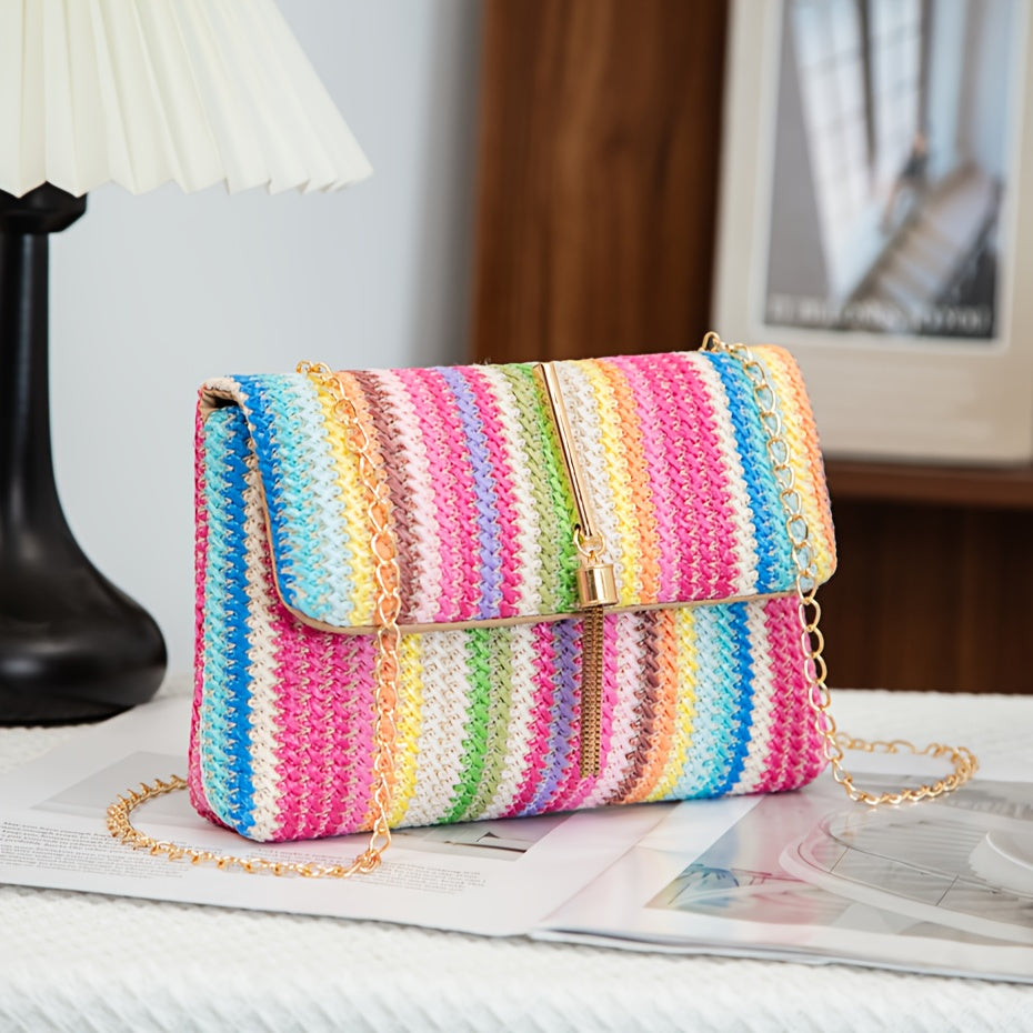 Women's Woven Geometric Pattern Shoulder Bag with Tassel Accents - Detachable Golden Chain Strap & Magnetic Closure, Multicolor Synthetic Material for Urban Chic Style, Novelty Purse, Versatile Fashion Accessory, Polyester Ha