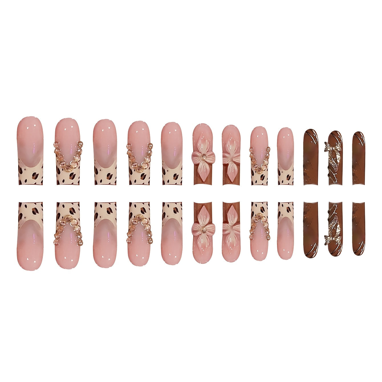 24pcs Elegant Drop-Shaped Long Press-On Nails Set, Glossy Nude & Brown Tone, with 3D Floral & Butterfly Knot Design, Leopard Print & Glitter Accents, Includes Nail File and Jelly Glue, for Women and Girls