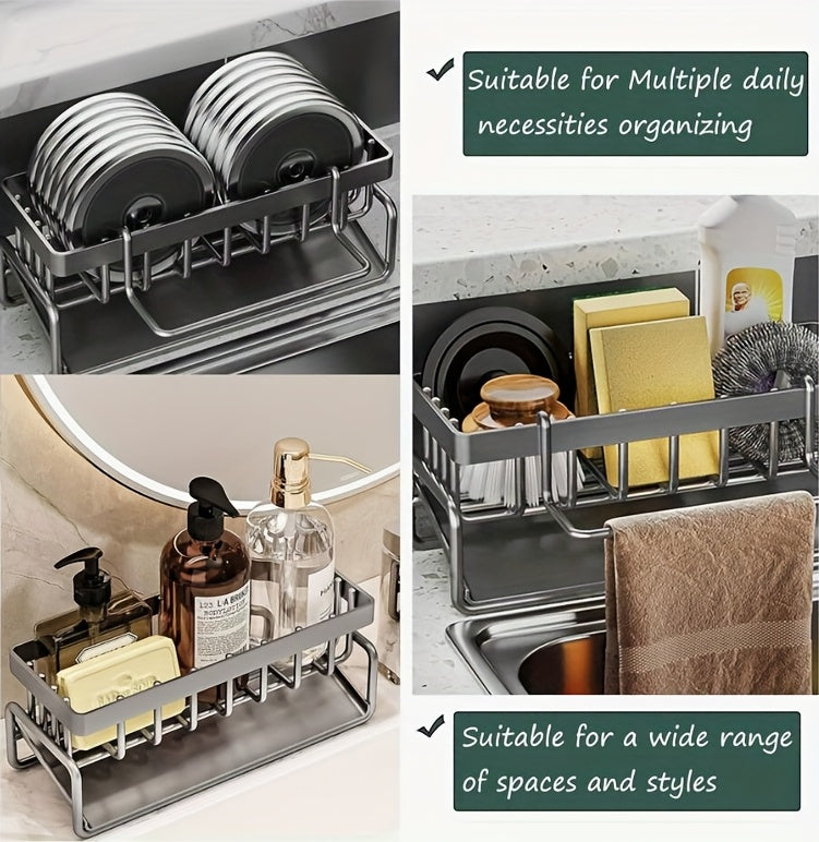Heavy-Duty Metal Kitchen Sink Organizer Tray - Sink Drainage Rack with Built-in Sponge Holder, Dish Brush Slot - Space-Saving Countertop Organizer, Compatible with Standard Sinks - Easy to Clean Kitchen Storage Rack, Compact