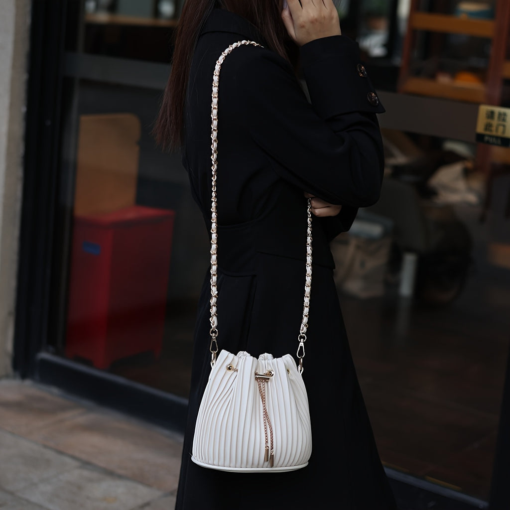 [Versatile Purse, Chic Design] Women's Shoulder Bag with Detachable Chain Strap - Elegant Synthetic Purse, Drawstring Closure, for Everyday, Formal, Party - Available in Beige, Gray, Pink, Green, White, Purple, Black - Women'