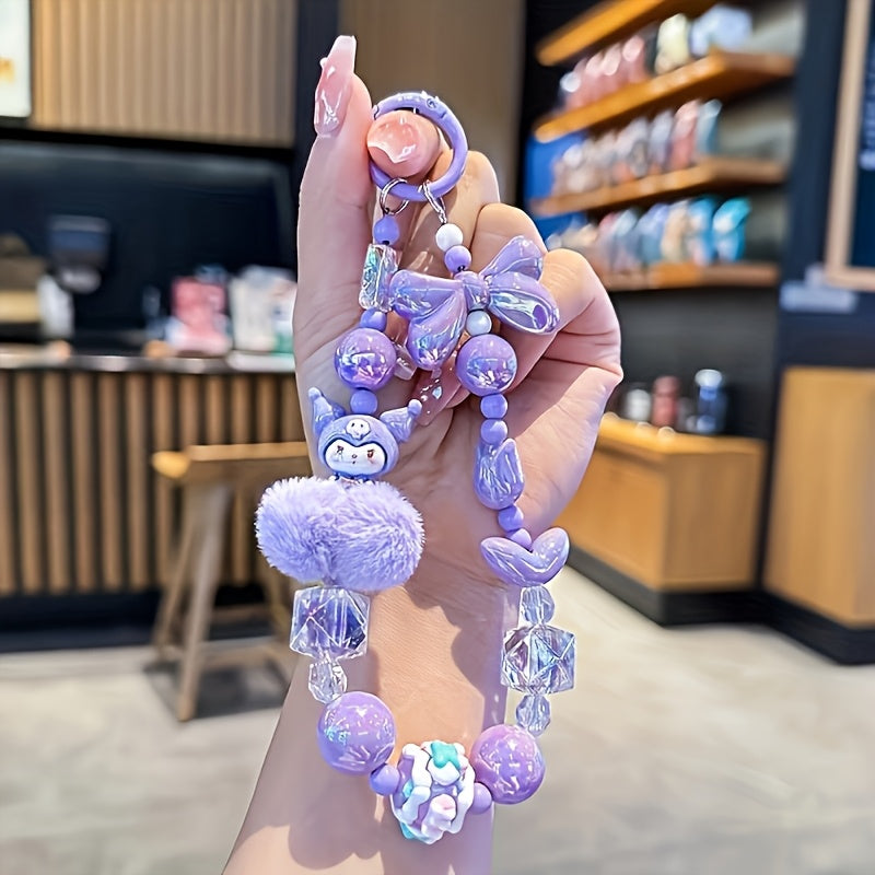 Sanrio Licensed Mobile Phone Lanyard Wrist Strap - Pastel Pink/Purple Multi-Bead Design with Bow/Tulip/Cartoon Avatar/Square Beads & Fluffy Ball Decor, Cute Sanrio Cartoon Doll Charm for Daily Commute/Shopping/Gifting (Girls'