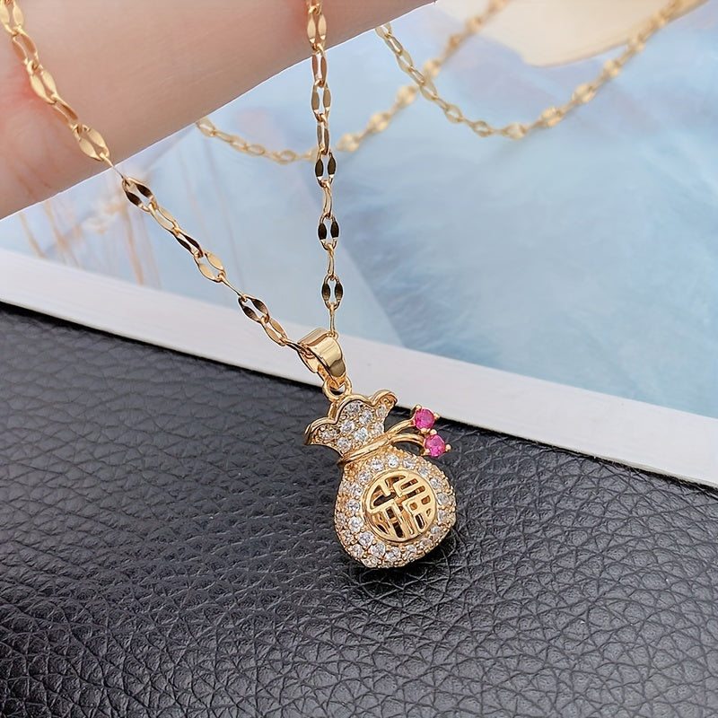 Fashion Money Bag Pendant Necklace for Women - Alloy, Yellow, Synthetic Cubic Zirconia, Fashion Themed, Suitable for Ages 15+ - Elegant Non-Plated Korean/Japanese-Inspired Design with Lucky Fu Bag Charm