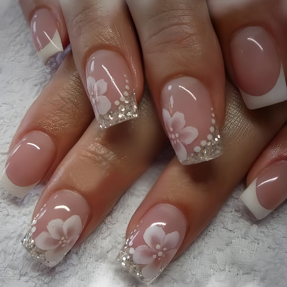 24pcs Glossy Chinese Square False Nails Classic Versatile Nude False Nails French High-end White French Press-on False Nails Spring White Pure Flowers Shiny Silvery Powder Full Coverage False Nails Nail DIY Suitable for Sprin