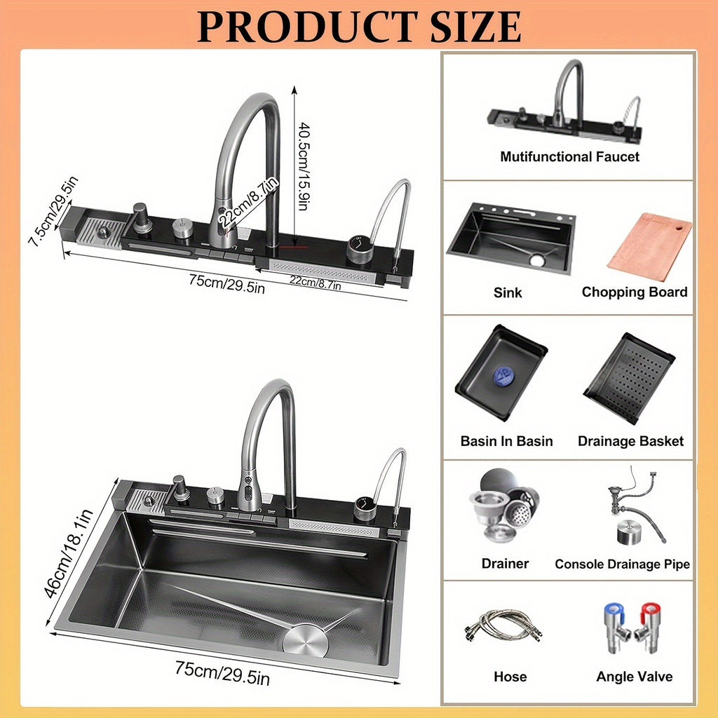Digital Display Waterfall Sink, Single Bowl Kitchen Sinks, Stainless Steel Bar Sink With Pull Down Sprayhead Faucet, Smart Modern Kitchen Sink, Full Set Of Accessories, Gun Gray & Brushed Golden, 1 Set