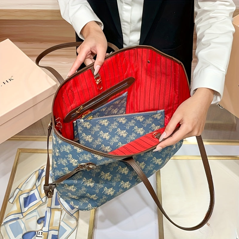 Elegant Floral Tote Bag with Red Interior, Large Capacity, Golden-Tone Hardware, And Detachable Shoulder Strap - Ideal for Daily Travel And Commuting, Travel Tote Bag | Floral Print Tote | Durable Handles, Tote Bag