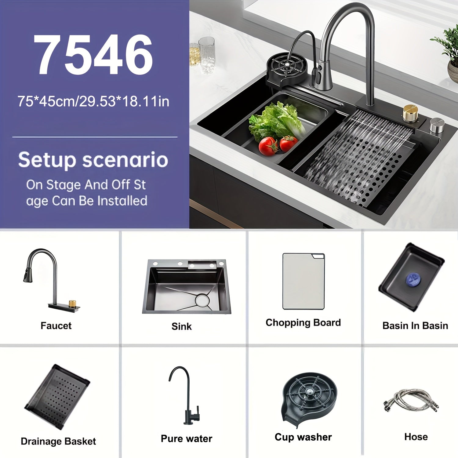Digital Display Waterfall Sink, Single Bowl Kitchen Sinks, Stainless Steel Bar Sink With Pull Down Sprayhead Faucet, Smart Modern Kitchen Sink, Full Set Of Accessories, Gun Gray & Brushed Golden, 1 Set