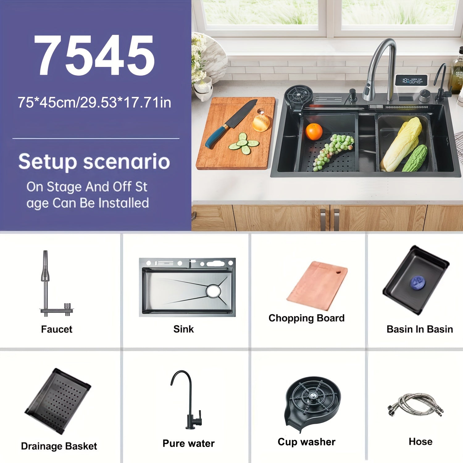 Digital Display Waterfall Sink, Single Bowl Kitchen Sinks, Stainless Steel Bar Sink With Pull Down Sprayhead Faucet, Smart Modern Kitchen Sink, Full Set Of Accessories, Gun Gray & Brushed Golden, 1 Set