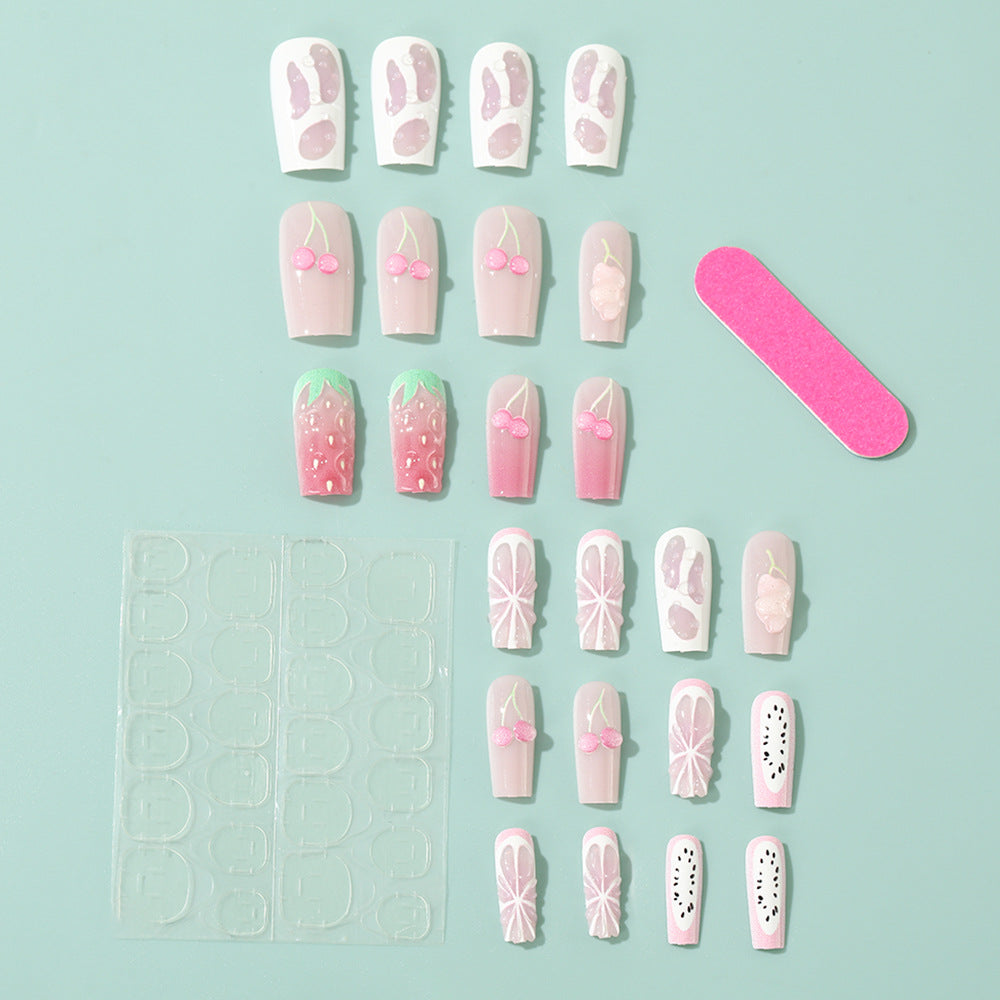 24pcs Hand-Painted 3D Cherry Strawberry Bow & Pink Glitter False Nails Set - Kawaii Anime Style Press-On Nails with White Tips, Medium Length Square Fake Nails for Women, Parties, Weddings, Prom (No Glue Needed)