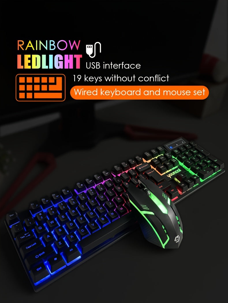 [Rainbow Backlit Gaming Set] Rainbow Backlit Wired Gaming Keyboard and Mouse Set | 19-Key Rollover, Adjustable Brightness, 2 Lighting Modes, Ergonomic Design, Hotkeys, Media Keys, USB Powered, No Battery, for Home Entertainme