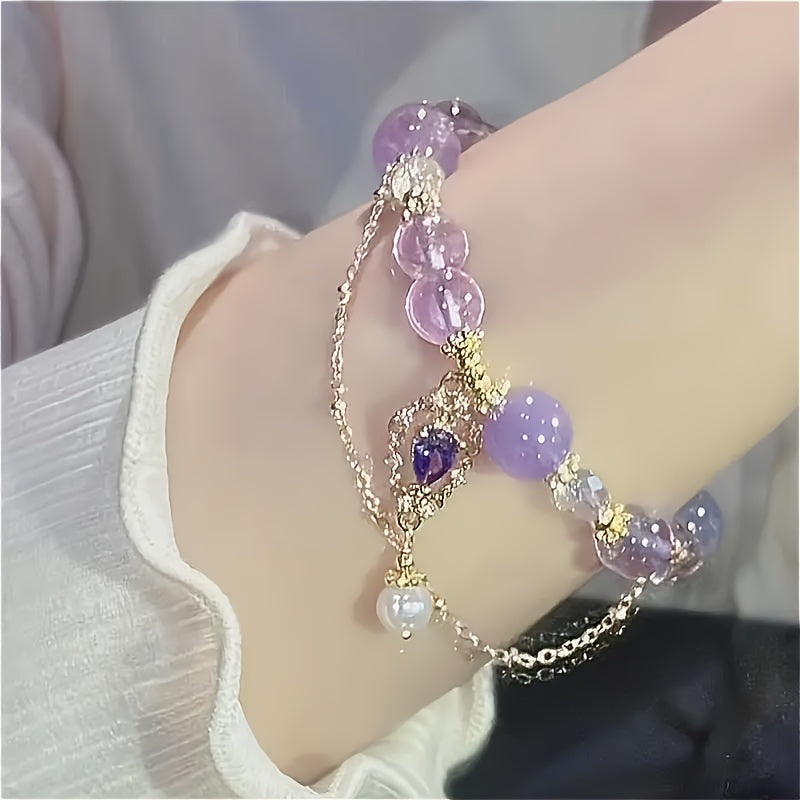1pc Elegant Amethyst Bracelet with Golden Accents - Bohemian Style, Perfect Gift for Girlfriend or Best Friend, Ideal for Daily Wear and Vacation, Holiday Accessory | Elegant Bracelet | Synthetic Crystal Bracelet