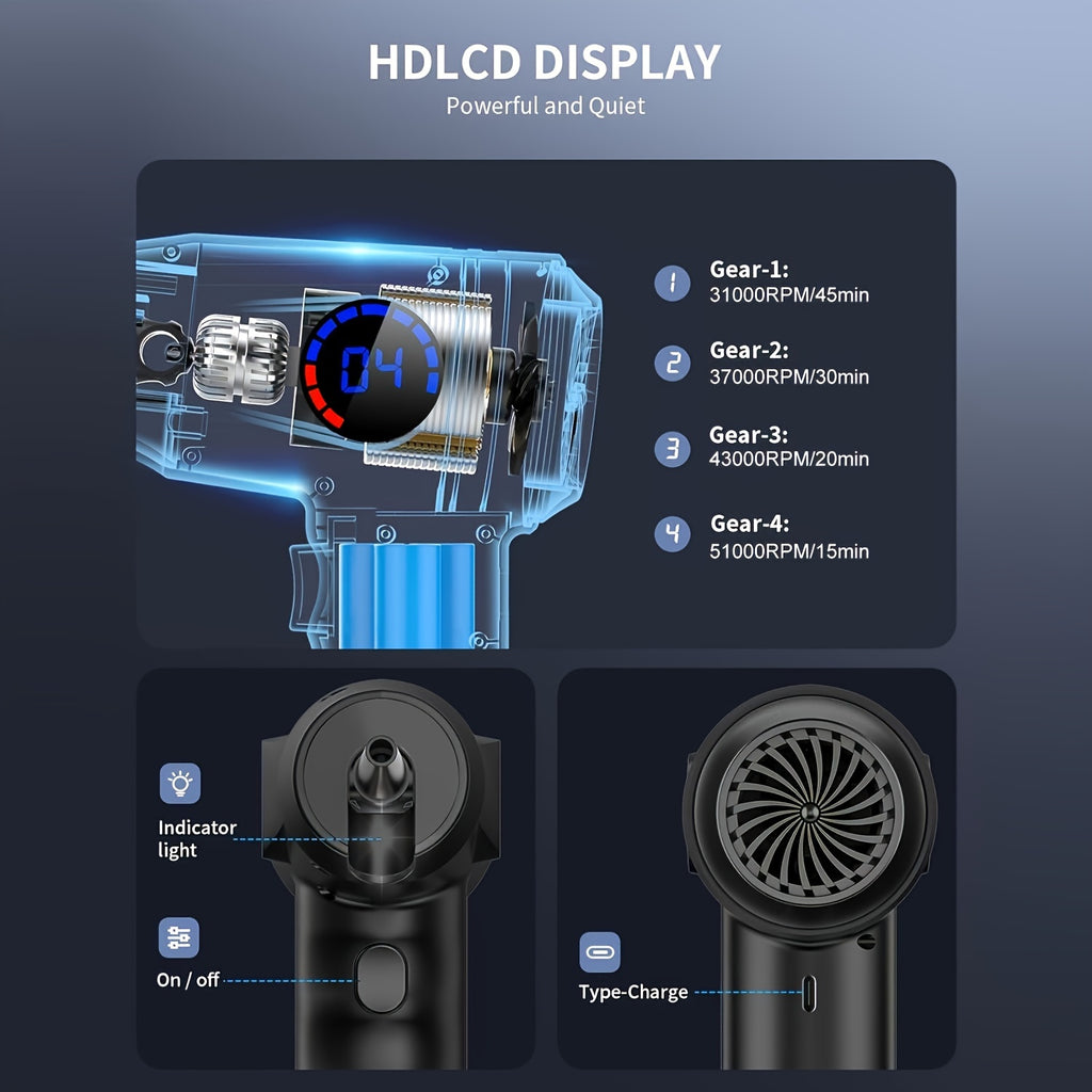 Cordless Electric Air Duster with 51000 RPM High-Power Blower, 4-Speed Adjustable & LCD Display, 3000mAh Fast Charging, 15-45 Min Runtime, USB-Powered Portable Cordless Vacuum Cleaner for Computers, Keyboards, TVs, Gaming Con