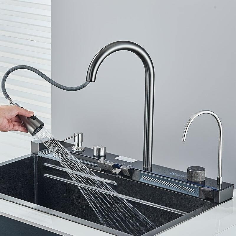 Digital Display Waterfall Sink, Single Bowl Kitchen Sinks, Stainless Steel Bar Sink With Pull Down Sprayhead Faucet, Smart Modern Kitchen Sink, Full Set Of Accessories, Gun Gray & Brushed Golden, 1 Set