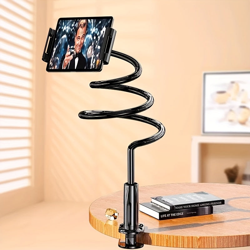 Phone and tablet stand with 360° swivel wheels, adjustable angle for flexible positioning, sturdy and durable design. Perfect as a bedside phone holder without straining your hands. Features an adjustable spiral base tension