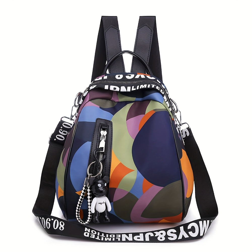 Women's Colorful Geometric Oxford Cloth Backpack - Multifunctional Handbag, Shoulder Bag & Crossbody Purse with Adjustable Straps, Zipper Closure & Bonus Teddy Bear Keychain Accessory, Versatile Travel Purse | Trendy Women's