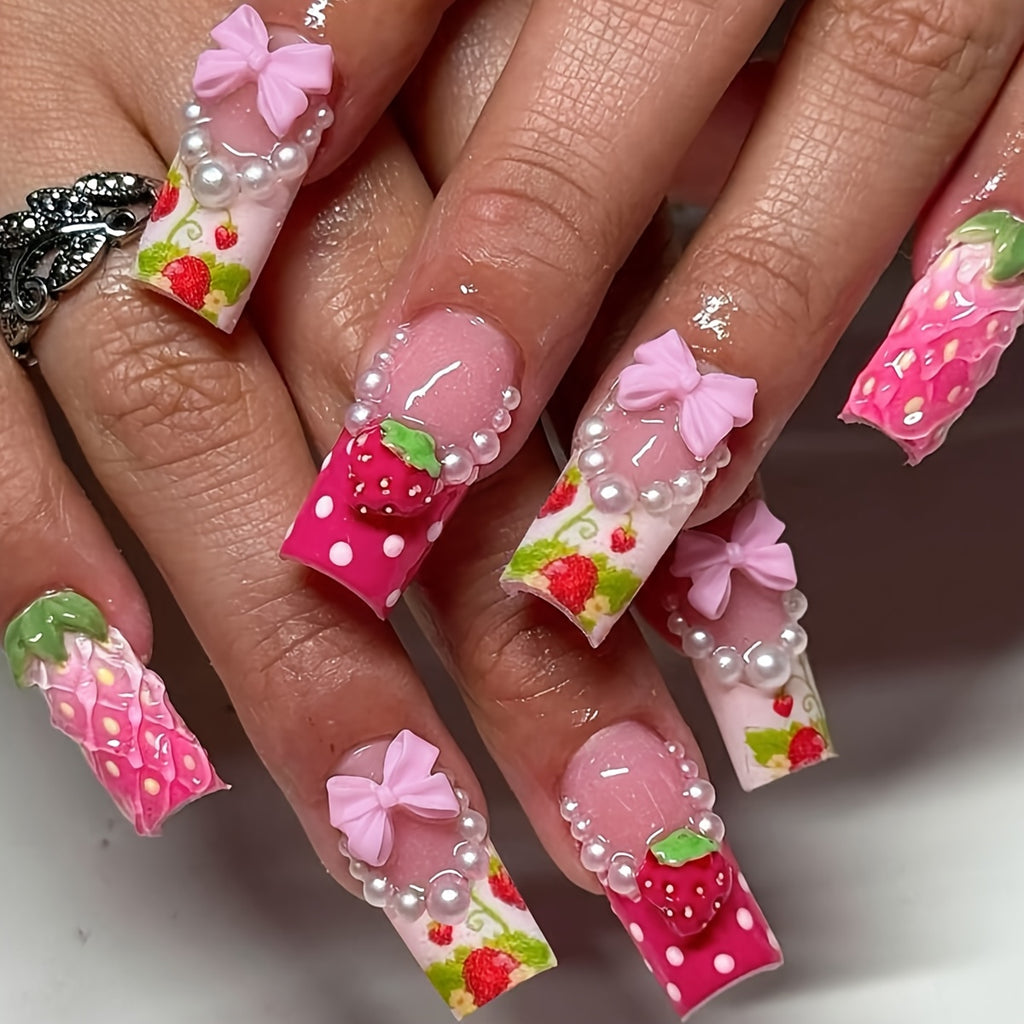 [French Bow Strawberry Nails] 24pcs French Bow Strawberry 3D Square Press-On Nails with Jelly Glue File