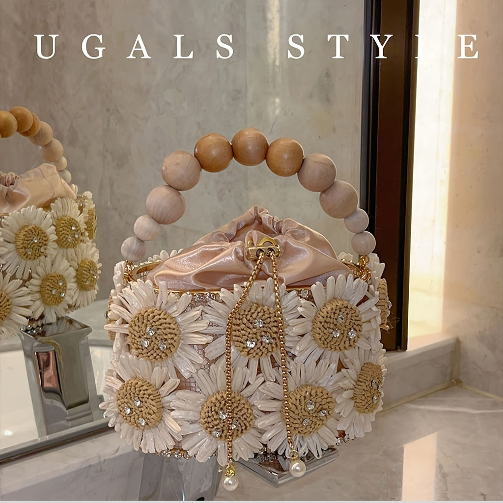 Luxury Evening Bucket Bag for Women | Floral Beaded Design with Rhinestone and Pearl Detailing | Fashion Drawstring Closure Crossbody with Metal and Messenger Accessory | Occasion-Themed with Inner Lining | Non-Washable | Cra